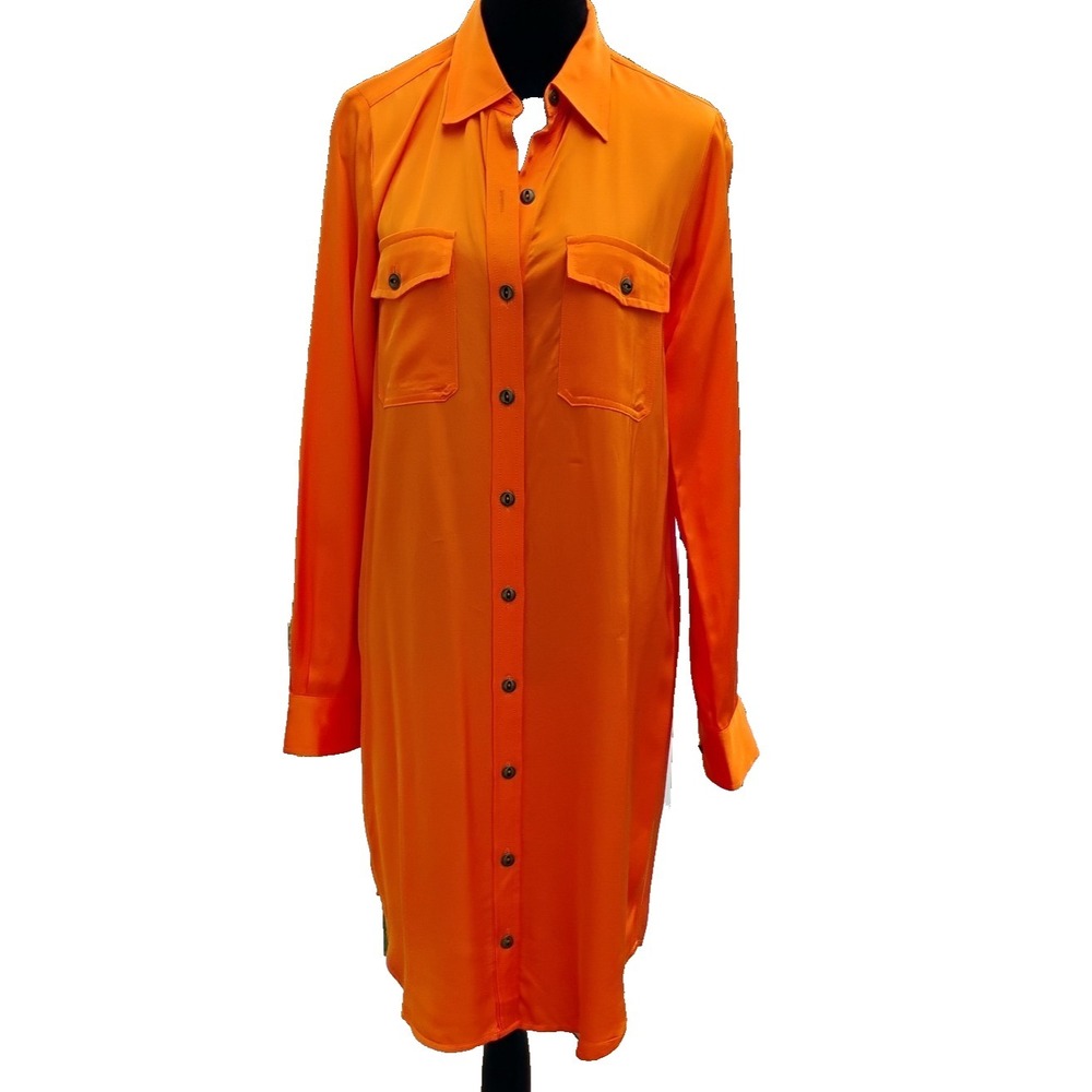 LAUREN Ralph Lauren Orange Viscose Shirt Dress Size 8 Button Front and Cuffs
